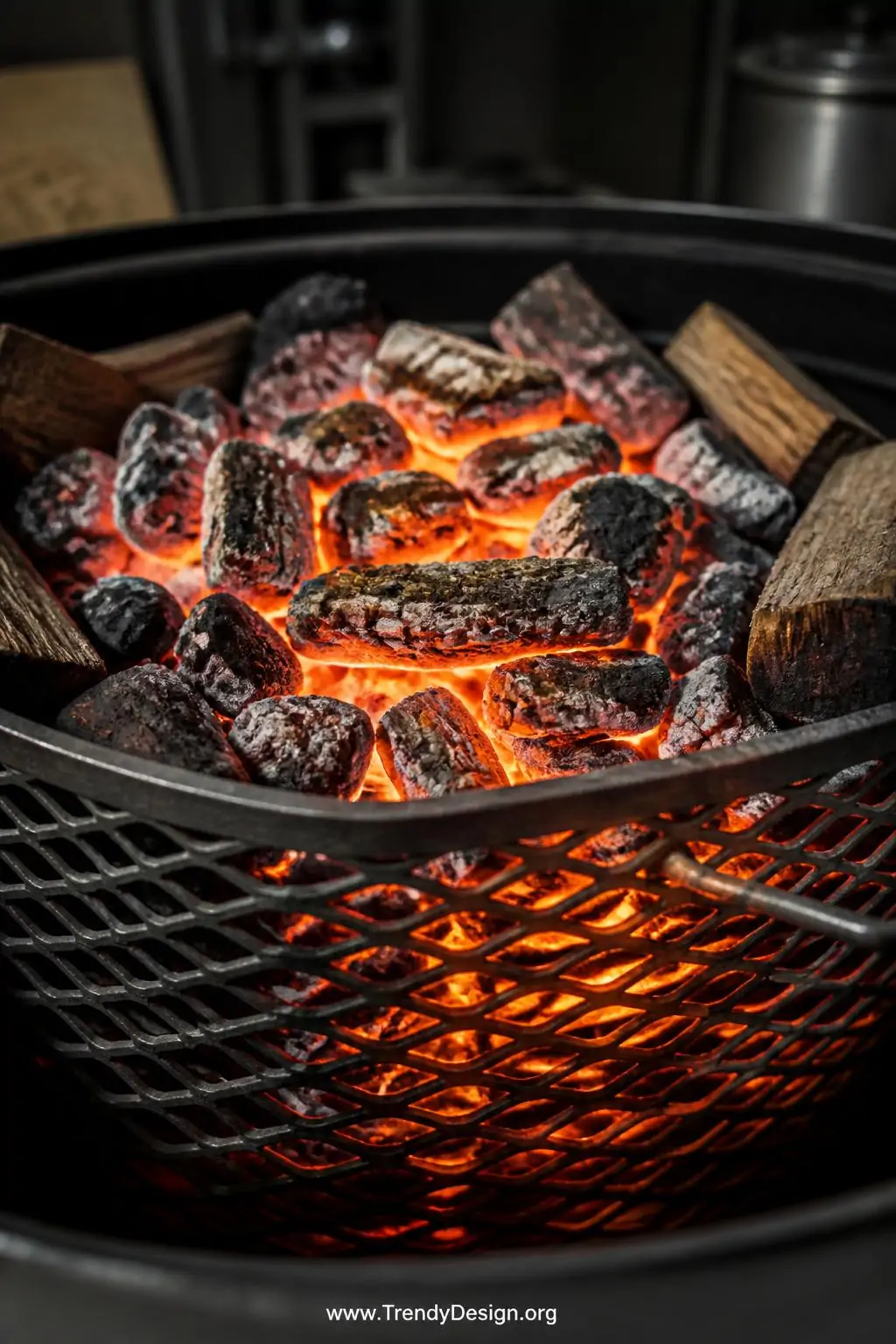 Custom expanded steel mesh charcoal basket inside a drum smoker, garage workshop setting, utilitarian industrial style, glowing orange and red coals packed tightly within the elevated basket with wood chunks arranged along the edges, dramatic fiery underlighting illuminating the rough metallic mesh texture in close detail, extreme closeup shot.