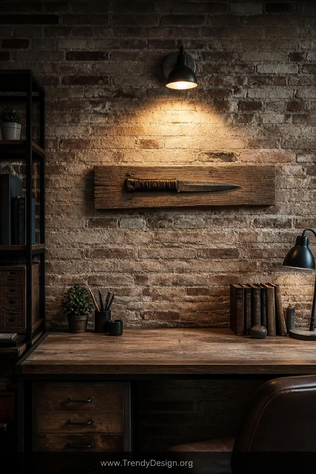 Finished railroad spike knife mounted horizontally on a slab of reclaimed barn wood wrapped with dark leather cord, displayed against a rough-hewn exposed brick wall in a rustic industrial home office under a focused warm spotlight, wide shot.
