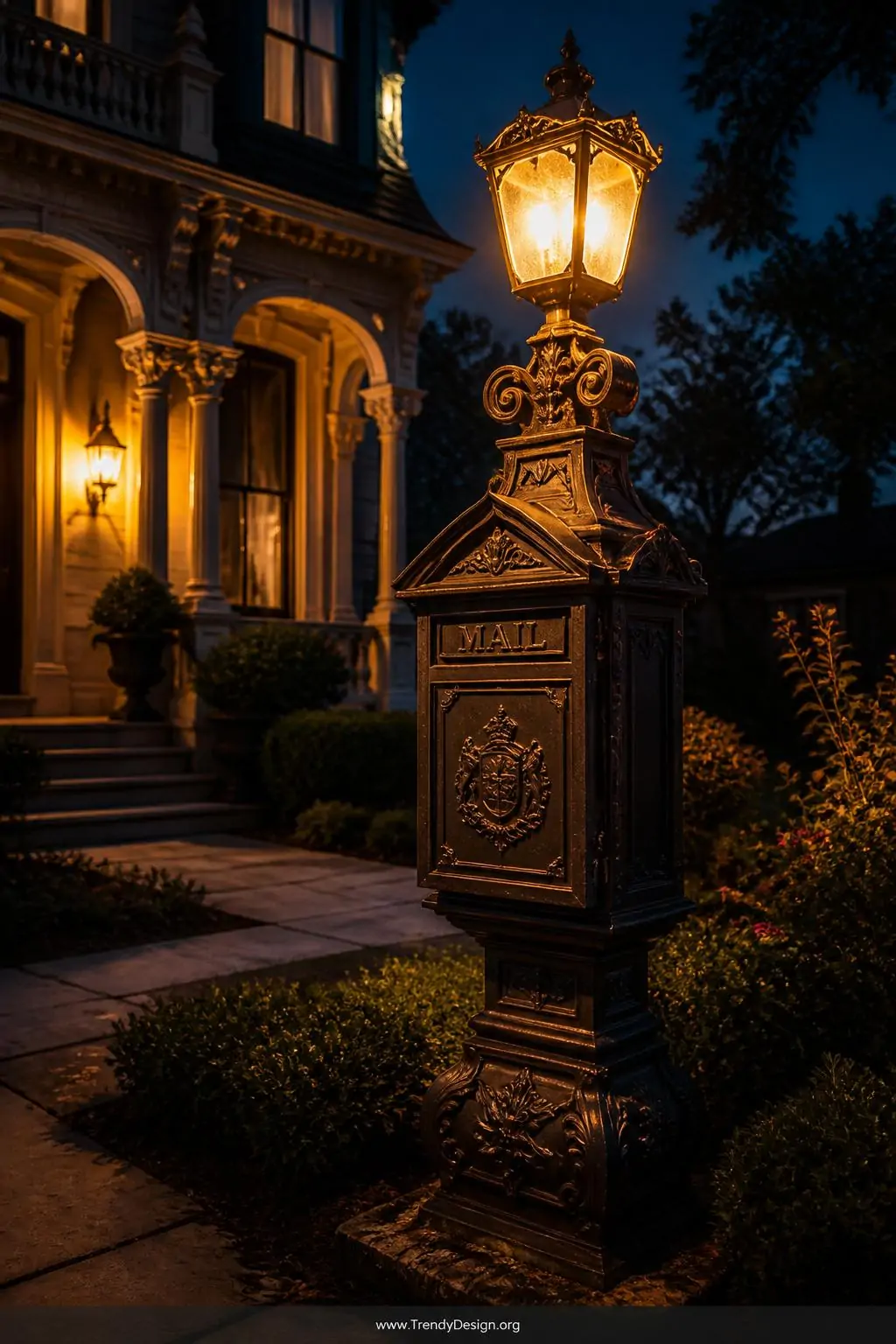 Ornate cast iron mailbox post crowned with a glowing vintage lamp topper illuminating a Victorian home's front yard at dusk, wide shot showcasing the dramatic warm amber light spilling across intricate old-world decorative detailing with deep shadow contrast against a dark evening sky.
