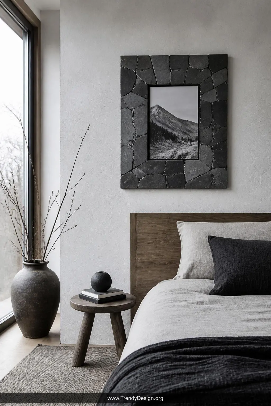 Mosaic slate photo frame with varied dark grey stone pieces surrounding a black-and-white portrait on a white plaster gallery wall, Scandinavian minimalist bedroom, cool diffused natural light, medium shot, photorealistic interior design, no people.