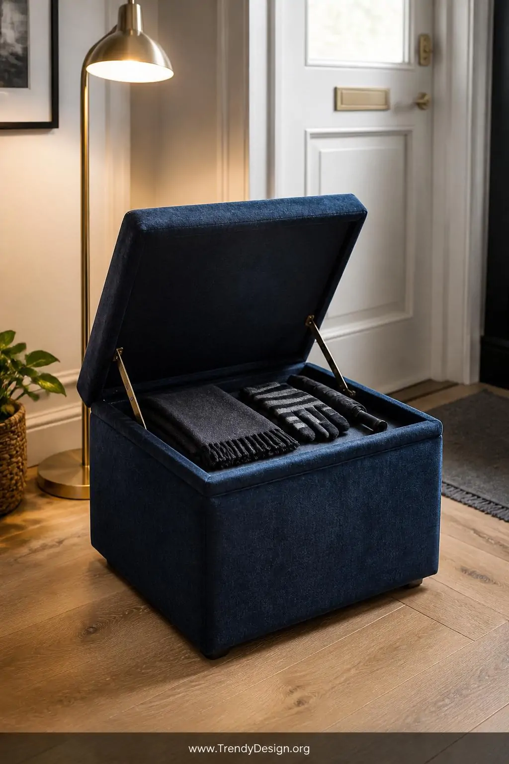 A medium photorealistic interior design shot of a deep navy blue upholstered storage ottoman positioned near a white paneled 