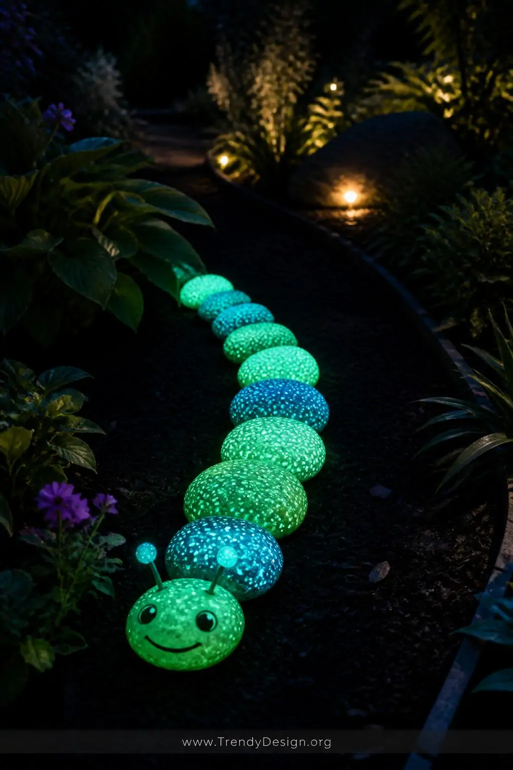 Glow-in-the-dark painted garden rocks arranged in a glowing caterpillar silhouette along a dark garden path at night, each smooth rock radiating soft luminous green and aqua light against deep black soil and shadowy foliage, ethereal neon glow contrasting with moonlit garden surroundings, magical low-light nighttime atmosphere, wide dramatic shot.