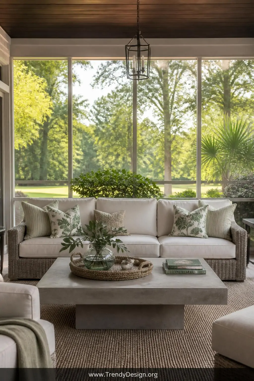 Deep-seated all-weather wicker outdoor sofa loaded with botanical print and stripe throw pillows facing a concrete coffee table on a screened porch, lush green yard visible through screens in soft afternoon light, wide conversational living room shot.