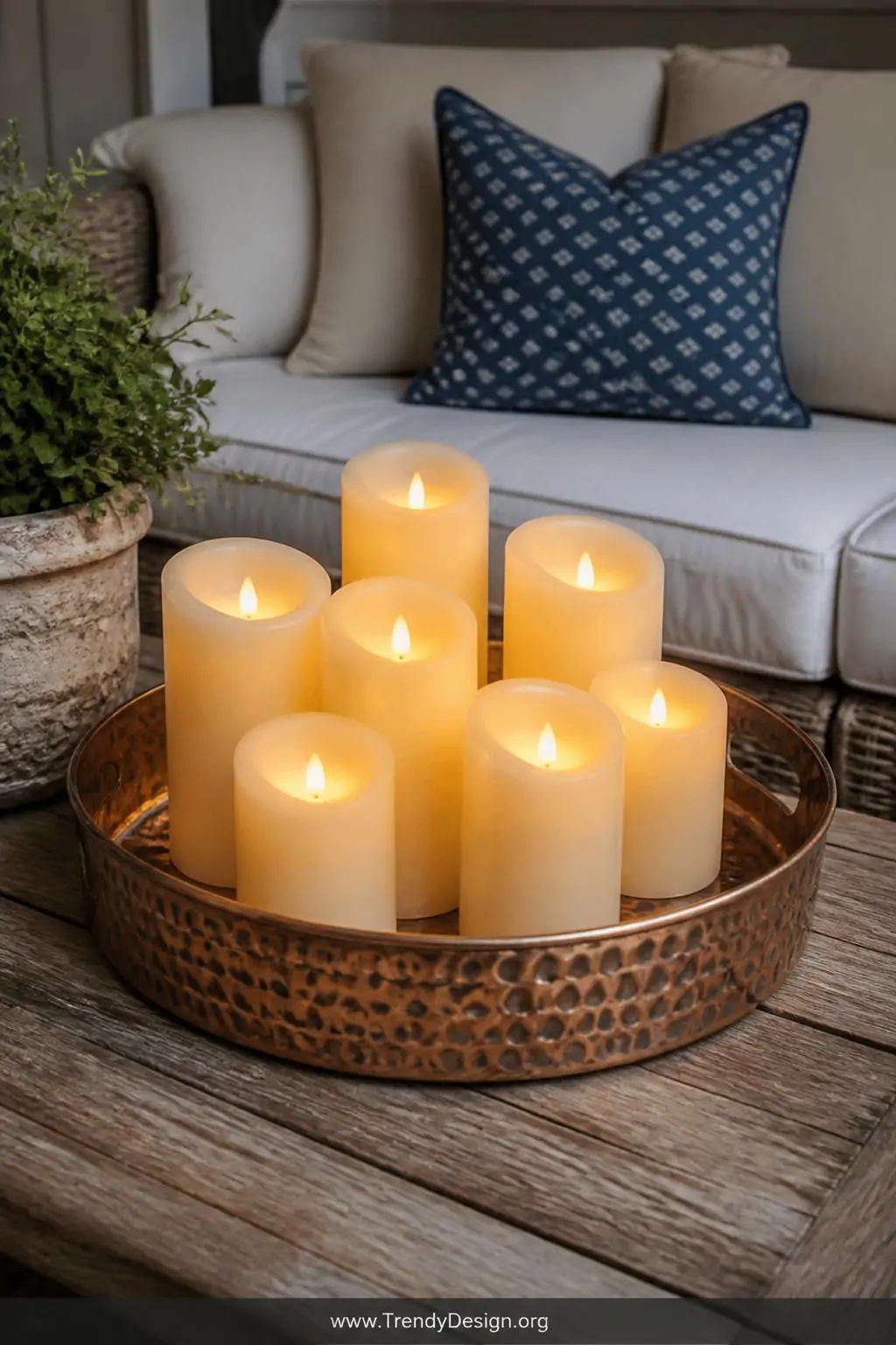 Cluster of flameless LED pillar candles with realistic ivory wax finish arranged on a weathered teak outdoor coffee table inside a hammered copper decorative tray, gentle flickering light casting soft shadows across a rattan porch settee, closeup shot, photorealistic interior design.