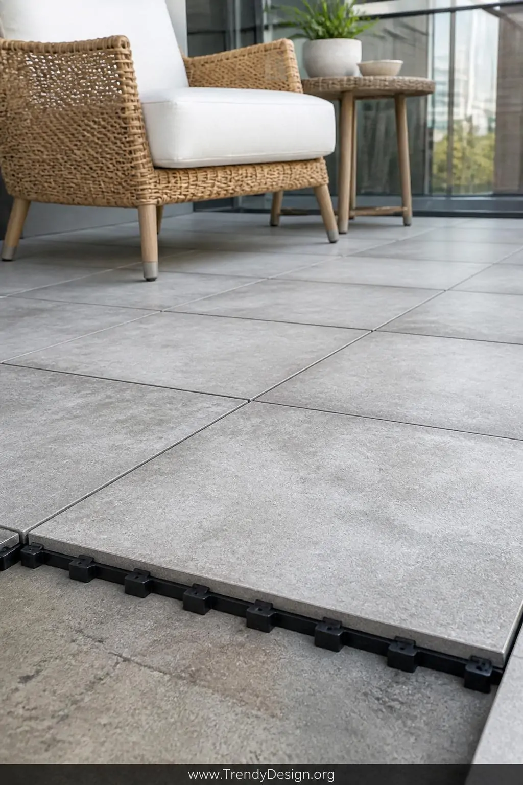 Interlocking porcelain deck tiles in a stone-look finish snapped together over an existing concrete slab on a compact balcony terrace, puzzle-piece joints clearly visible, small rattan armchair and side table styled on top, bright natural daylight, closeup ground-level angle showing the elevated drainage gap beneath tiles, photorealistic interior design.