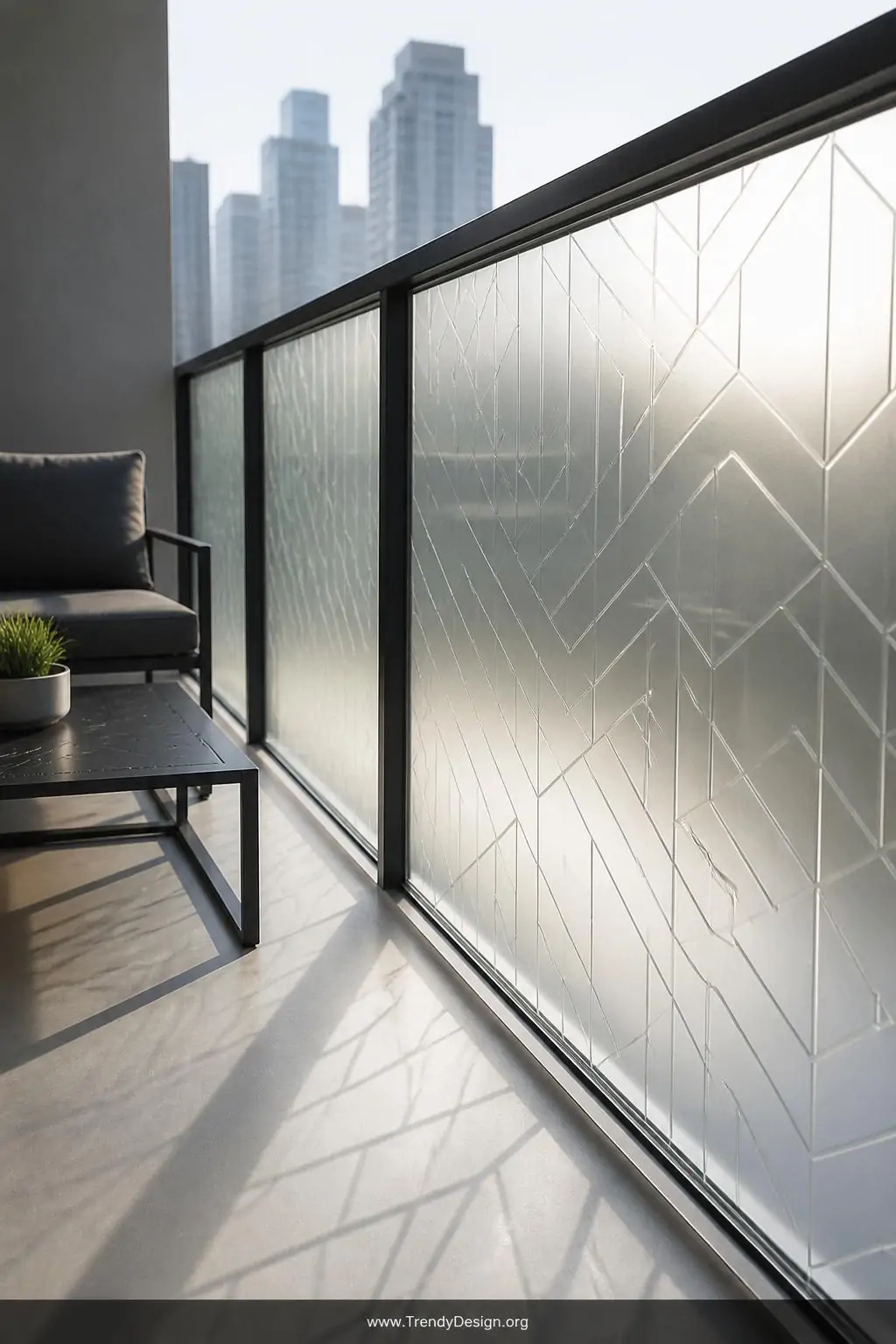 Frosted geometric-patterned window film applied to sleek glass railing panels on an elevated urban porch, bright natural light diffusing through the etched surface casting delicate shadow patterns onto pale concrete flooring, minimalist black metal furniture with charcoal cushions nearby, closeup shot highlighting the intricate frosted pattern with soft city light glowing behind the glass.