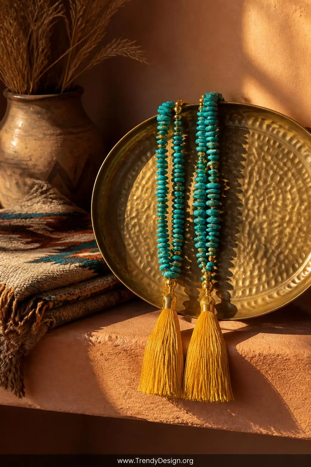 Vibrant turquoise chip beads paired with gold-plated spacers and warm yellow silk fringe tassels displayed against a hammered brass tray on a terracotta-toned shelf beside folded southwestern textile, rich golden afternoon sidelight, wide styled vignette shot.