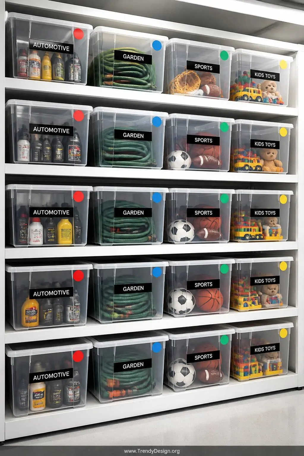 Close-up photorealistic interior design shot of floor-to-ceiling shelving stacked with perfectly uniform clear stackable bins