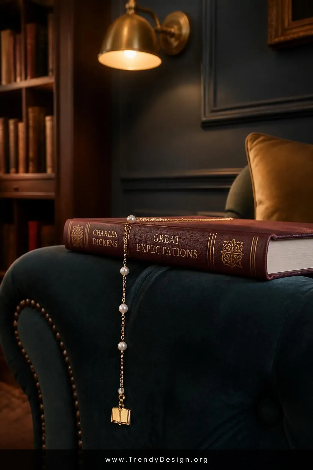 Delicate beaded chain bookmark with pearl beads and a tiny gold book charm draped elegantly over the spine of a hardcover novel on a velvet armchair, gold chain glinting under a brass wall sconce, sophisticated jewel-toned library corner, closeup shot.