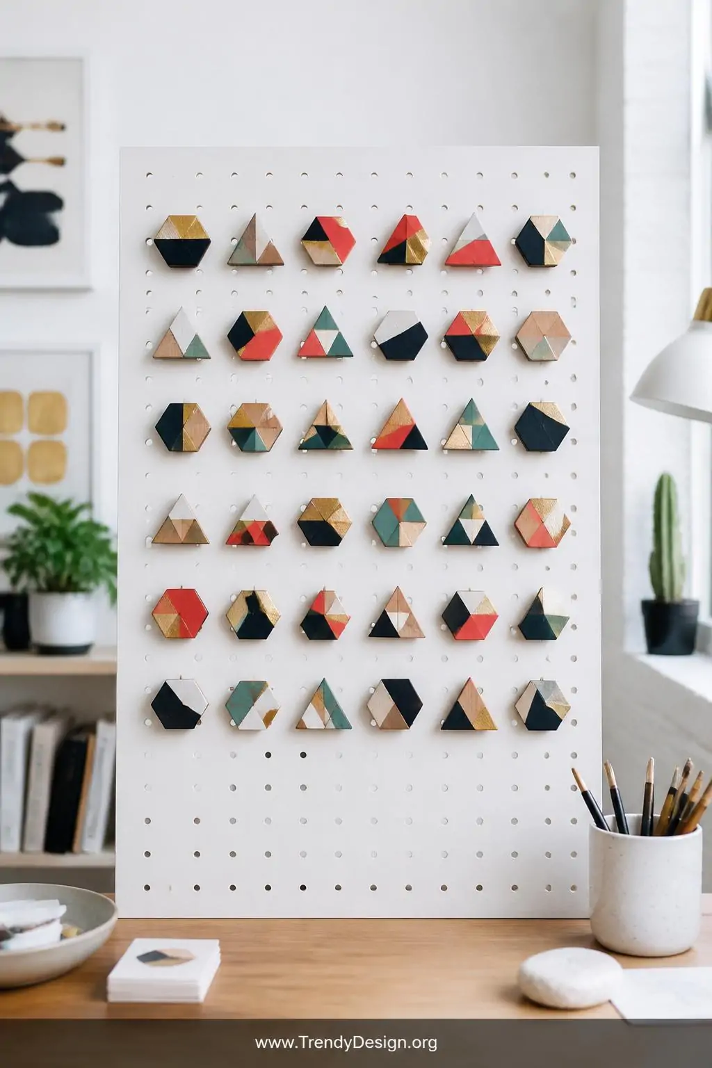 Painted geometric wooden hexagon and triangle brooches in bold color-blocked acrylic and metallic gold arranged on a clean white pegboard display in a modern minimalist craft room, crisp cool daylight, wide shot