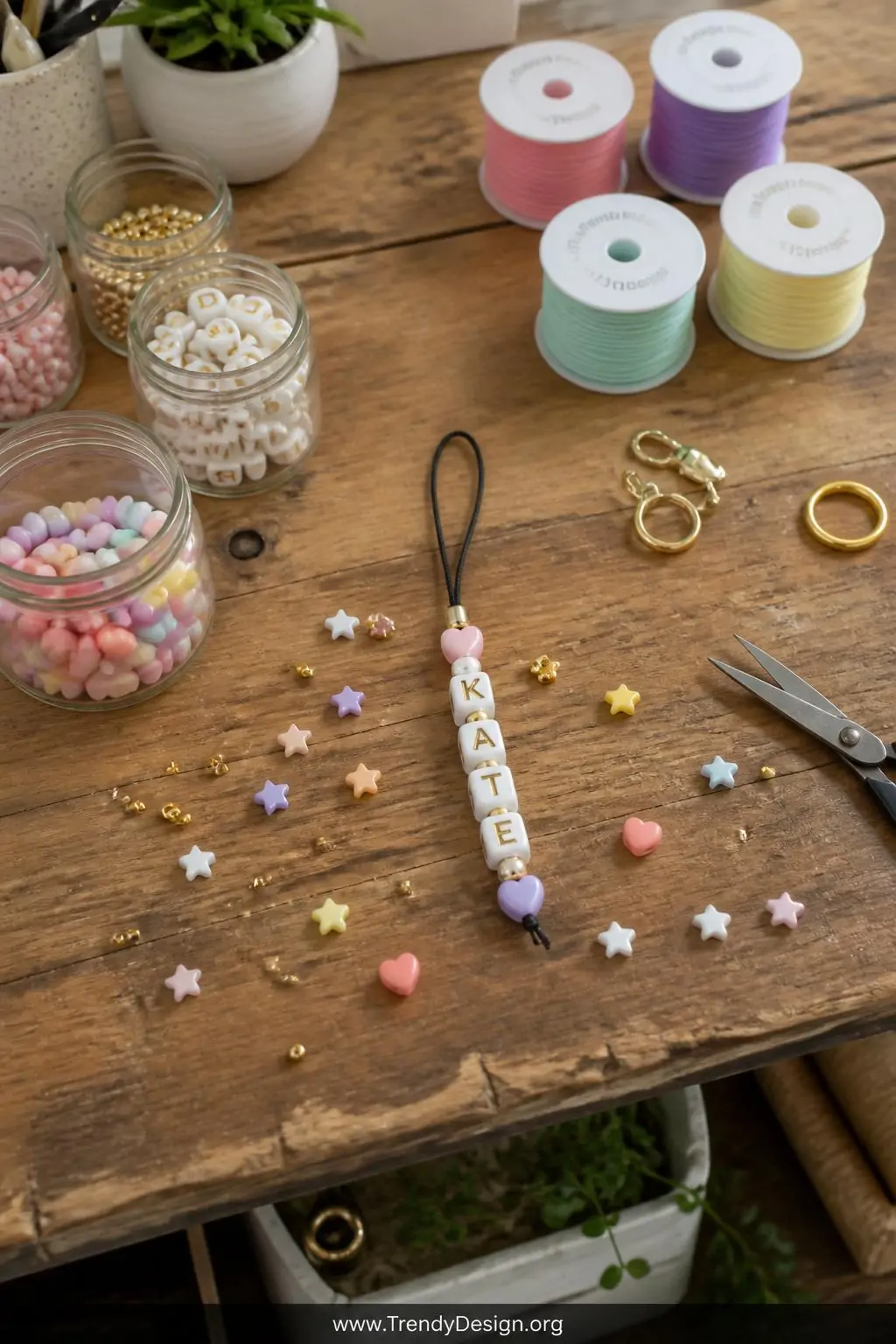 Letter cube bead phone charm spelling initials surrounded by tiny star and heart beads scattered across a reclaimed wood craft desk with spools of colorful cord and open bead jars, bright overhead workshop lighting, wide shot