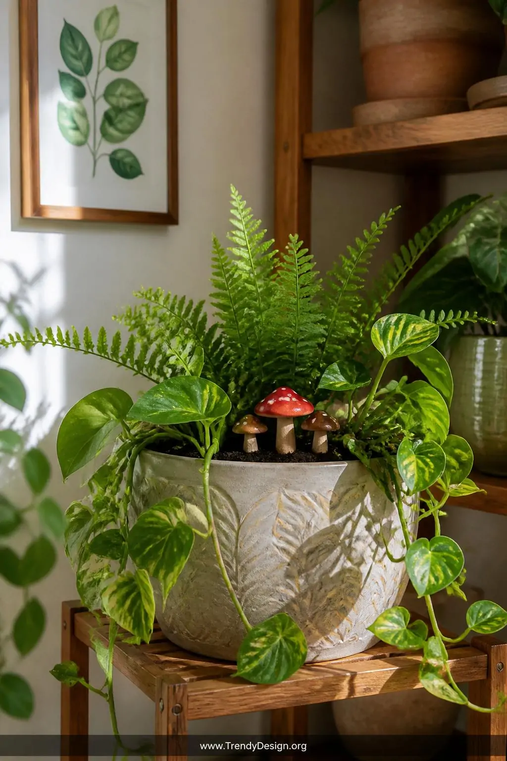 Small painted clay mushroom stakes in earthy brown and red toadstool tones tucked into the rich dark soil of a lush potted fern and trailing pothos arrangement on a sunlit wooden plant stand, bright diffused morning light, medium shot of styled plant corner, photorealistic interior design