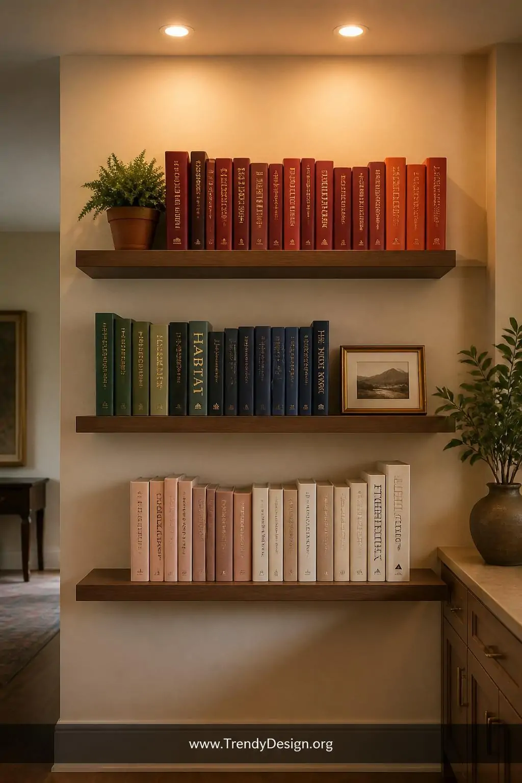 A medium photorealistic interior design shot of three floating shelves on a warm cream wall displaying books organized strict