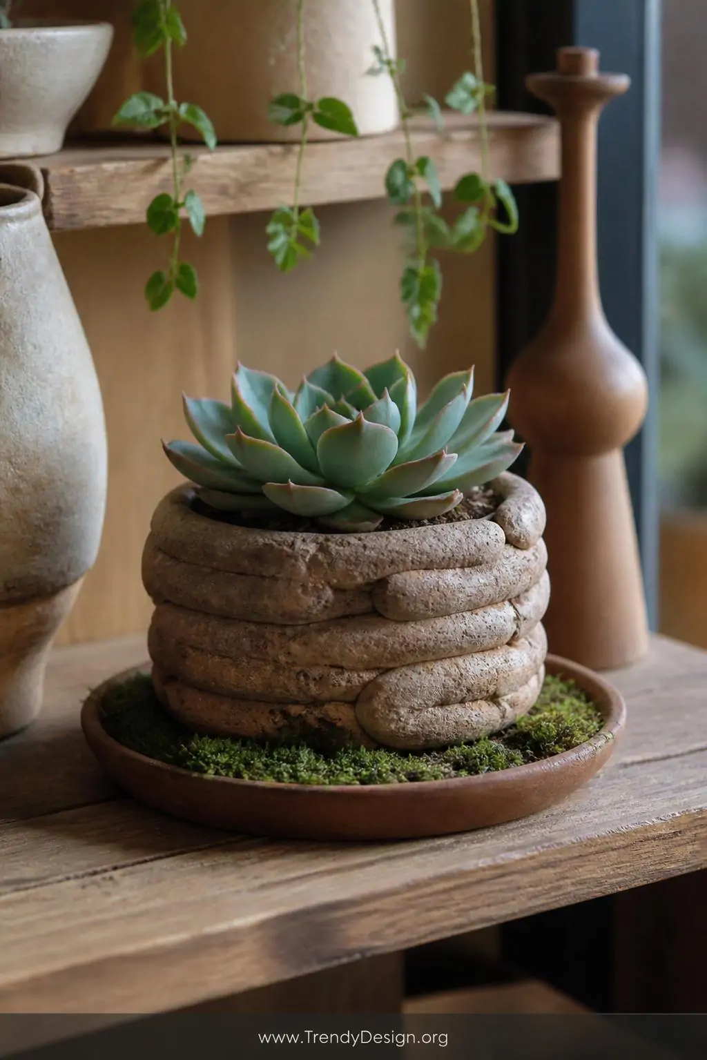 Small organic irregularly shaped clay succulent pot with rough unblended coil exterior texture and a chunky echeveria planted inside, sitting on a moss-covered terracotta tray on a boho wooden shelf, diffused window light, closeup