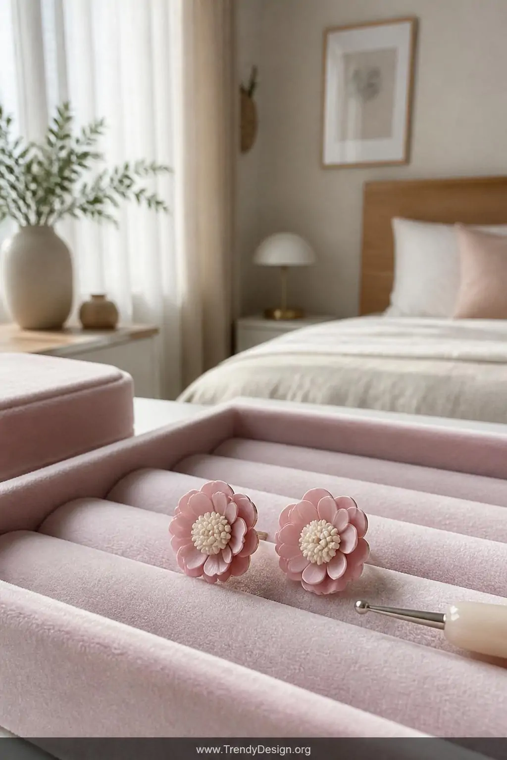 Delicate miniature floral clay stud earrings with layered pink petals and ivory centers arranged on a pale pink velvet jewelry tray inside a bright Scandinavian-style bedroom, soft diffused light from a sheer-curtained window, tiny ball stylus tool resting nearby, extreme closeup shot.