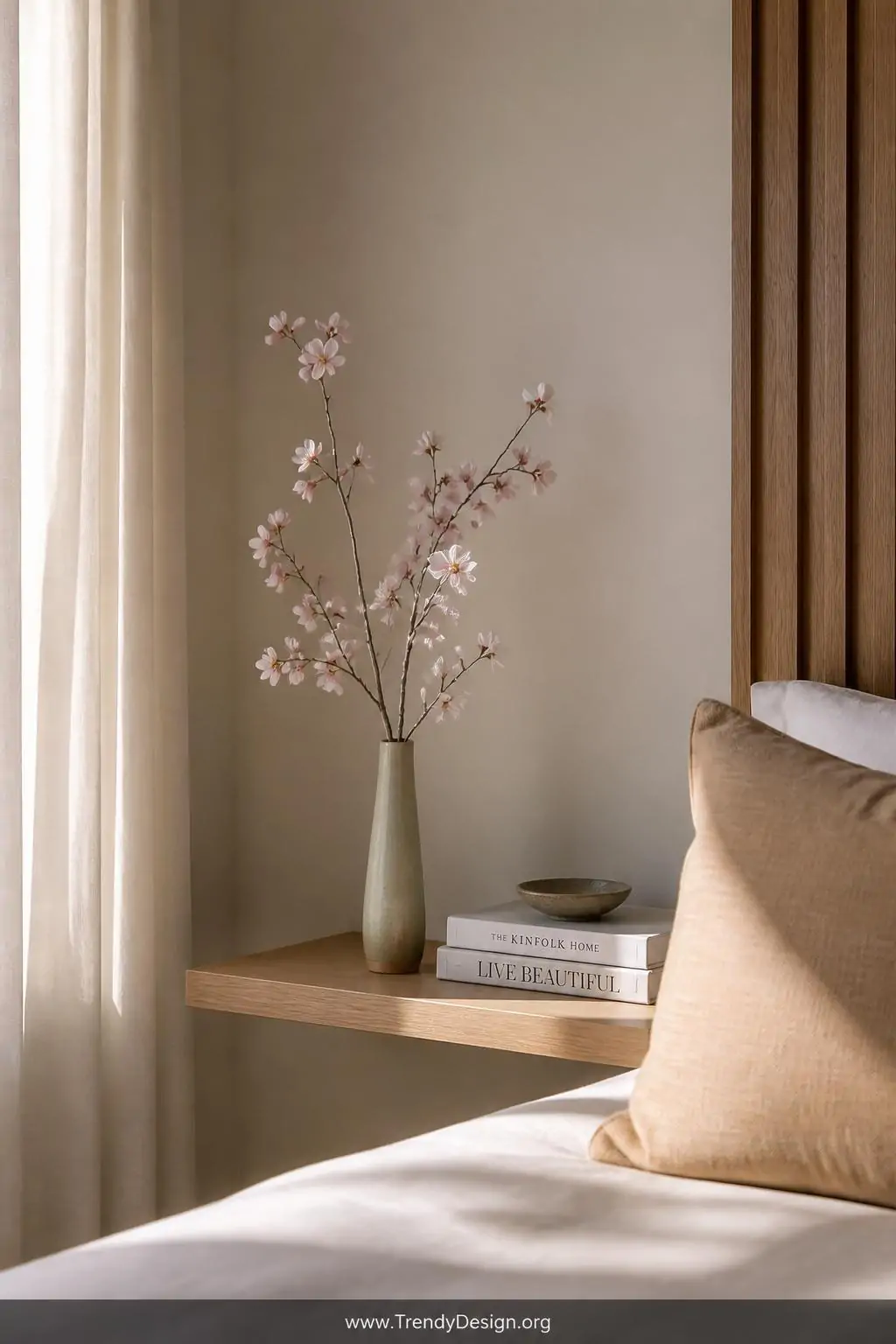 Miniature clay cherry blossom branch with pale lavender and blush white five-petal blooms pressed onto twisted wire, displayed in a tall slender vase on a bedroom floating shelf, soft serene natural light, medium shot.