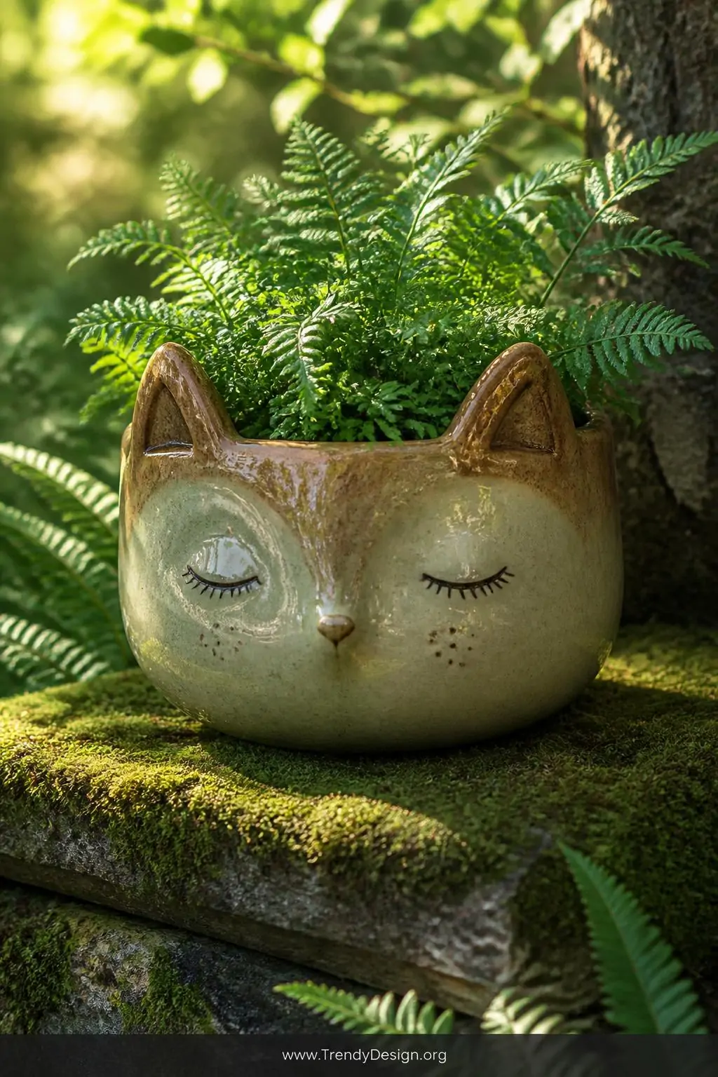 Whimsical clay creature face planter with sculpted fox ears, tiny freckle-stamp details, and translucent woodland glaze finish perched on a mossy stone garden ledge surrounded by soft ferns, dappled golden afternoon light filtering through tree canopy above, closeup shot.