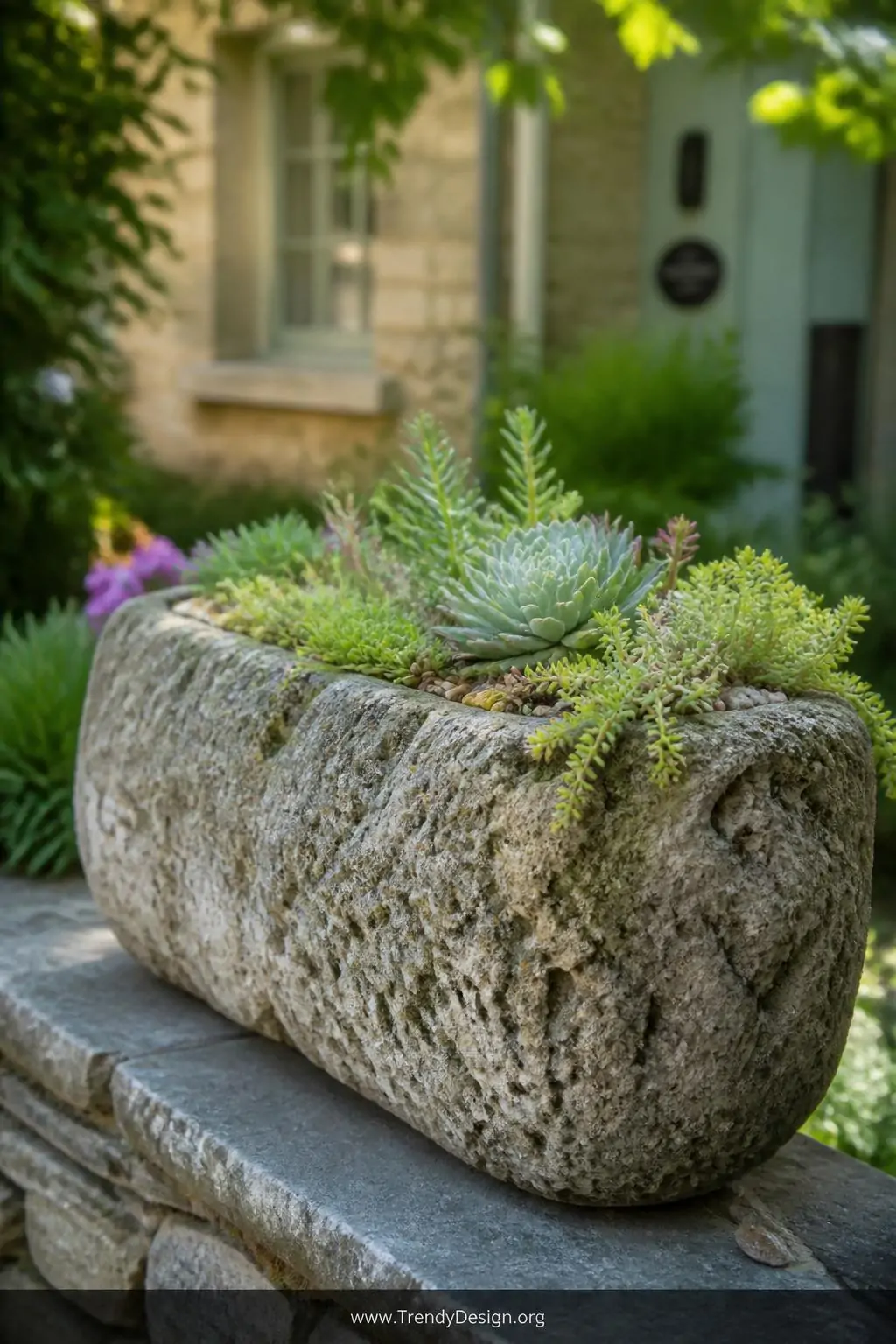 Hypertufa concrete raised planter with rough organic texture in a cottage garden setting, rustic handcrafted style, deeply pitted and naturally mottled gray-brown surface resembling aged limestone, clusters of silvery-green alpine succulents and trailing sedum nestled inside, dappled sunlight highlighting every craggy surface detail, closeup shot