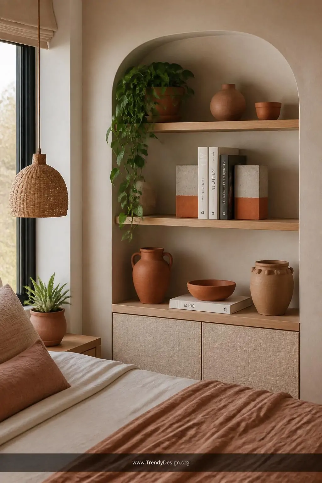 Terracotta dip-dyed concrete bookends with bold paint gradient covering the lower third of each gray block, styled on a linen-toned shelf with terracotta ceramic vessels and trailing pothos plant, boho-modern bedroom with soft diffused afternoon light, wide shot showing full shelf vignette and cohesive warm earthy color palette.