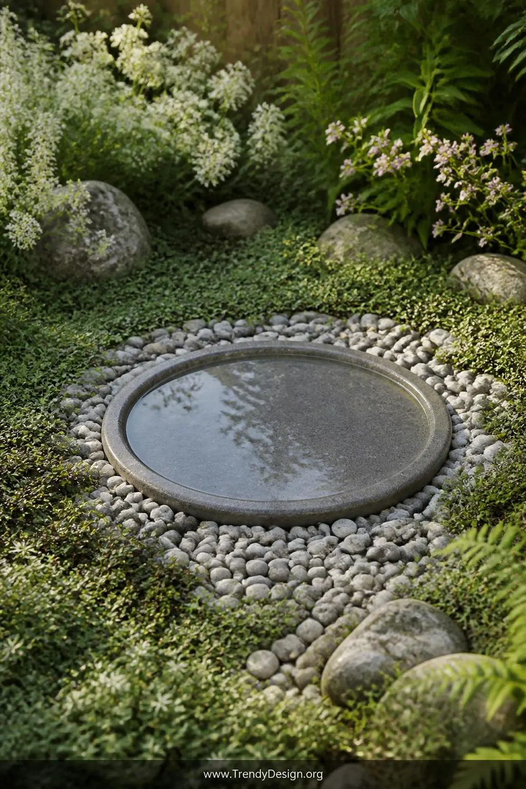 Ground-level concrete bird bath shallow tray embedded directly into garden soil, cottage garden setting, naturalistic Zen style, wide flat gray concrete basin encircled by smooth decorative pebbles and low creeping groundcover plants, warm soft morning light, viewed from slightly elevated angle, wide shot capturing the naturalistic puddle-like effect.