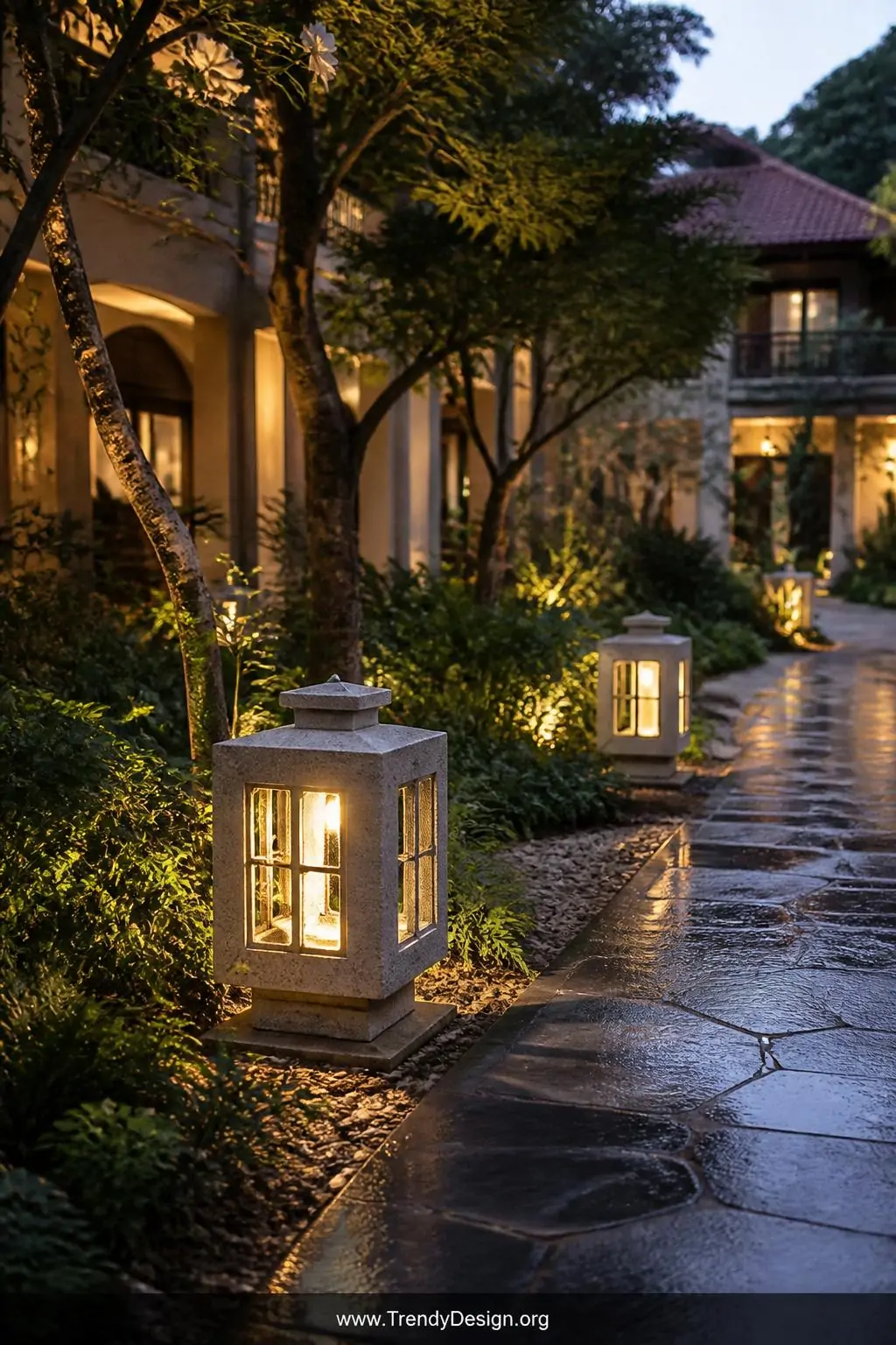 Chunky weather-resistant concrete lantern-style outdoor lamp placed along a stone garden path at dusk, golden LED glow illuminating surrounding greenery and wet slate pavers, boutique hotel courtyard aesthetic, wide shot, photorealistic interior design.