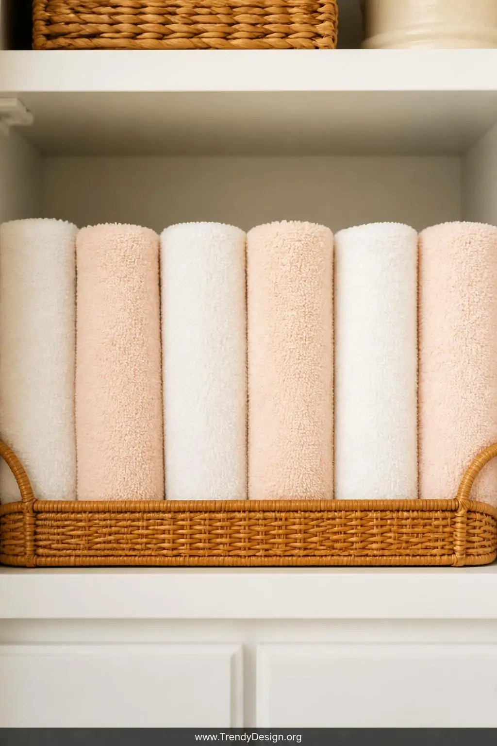Closeup shot of a dedicated linen closet shelf displaying tightly rolled white and pale blush terry cloth towels standing upr