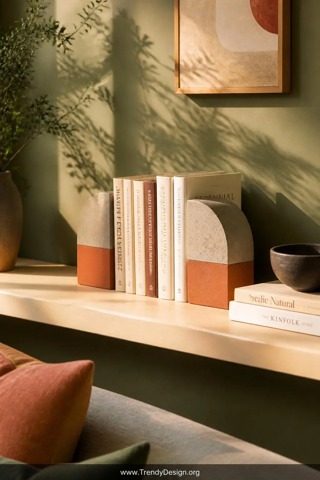 Terracotta color-dipped concrete bookends with a clean paint line across the lower third sitting on a warm cream shelf holding paperbacks, modern earthy living room, wide shot, golden afternoon light washing across the chalky matte paint and natural gray upper concrete against a sage green wall.