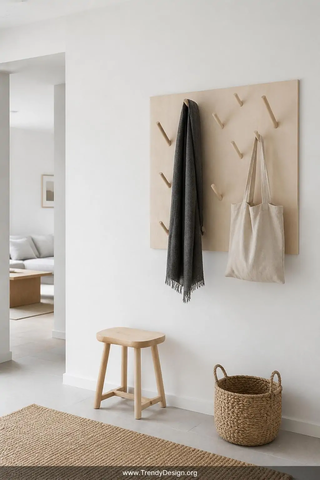 Minimalist plywood panel coat rack with angled natural birch dowels on a clean white Scandinavian entryway wall, pale ash tones against bright white paint, a charcoal wool scarf and cream linen tote casually draped from the dowels, diffused natural daylight from an unseen side window creating soft shadows, wide shot, photorealistic interior design.