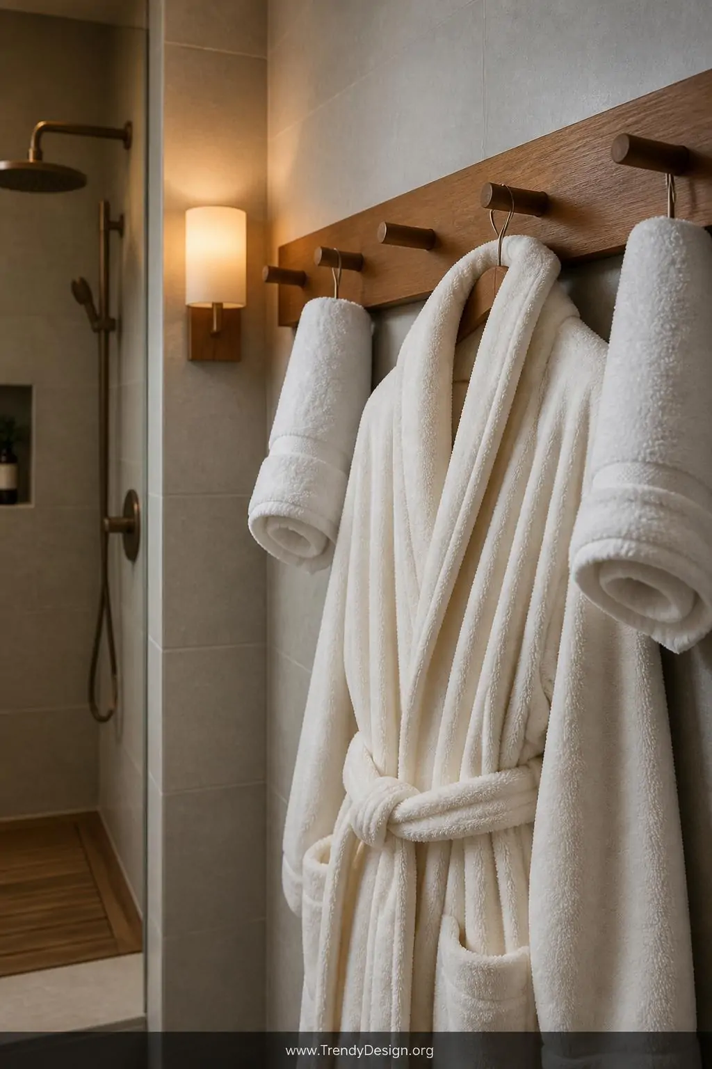 Teak wood peg rail installed beside a walk-in shower in a spa-style bathroom, rolled white plush towels draped over individual pegs, a thick ivory robe hanging front and center, soft warm sconce lighting, pale grey tile walls and natural wood accents, closeup shot.