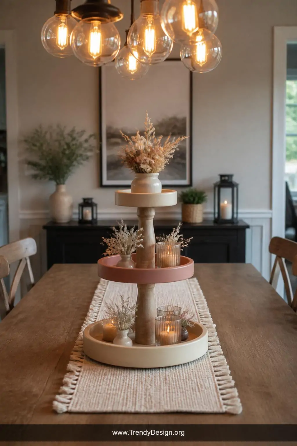 Tiered display tray tower centered on a styled dining table in a contemporary dining room, three graduating wooden circles in coordinating dusty rose and cream tones stacked on a thick dowel rod holding small candles and dried florals at each level, warm Edison bulb chandelier light highlighting the vertical sculptural form, wide shot, photorealistic interior design.