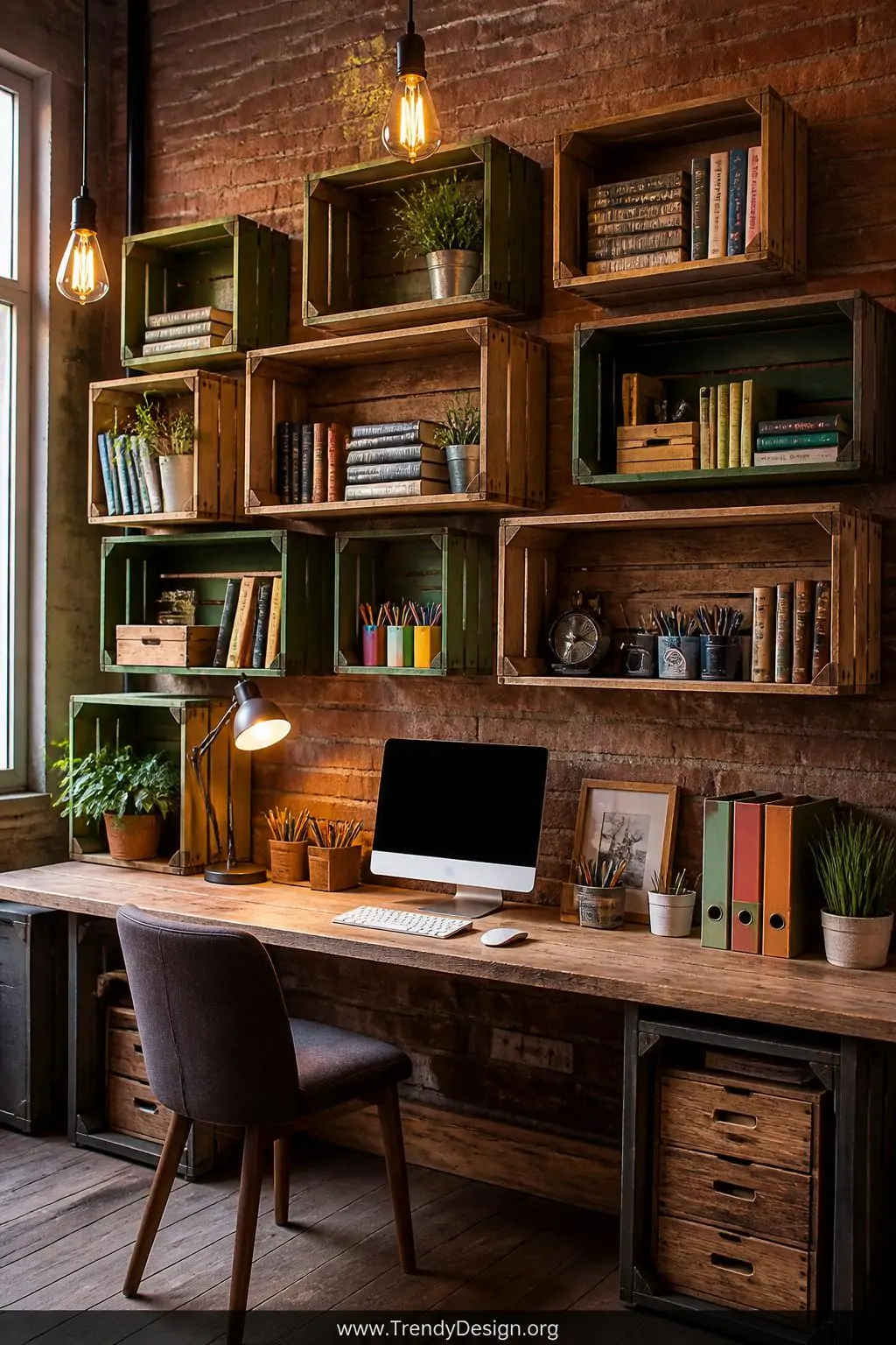 A medium photorealistic interior of a creative home office wall covered in an asymmetrically arranged grid of upcycled wooden