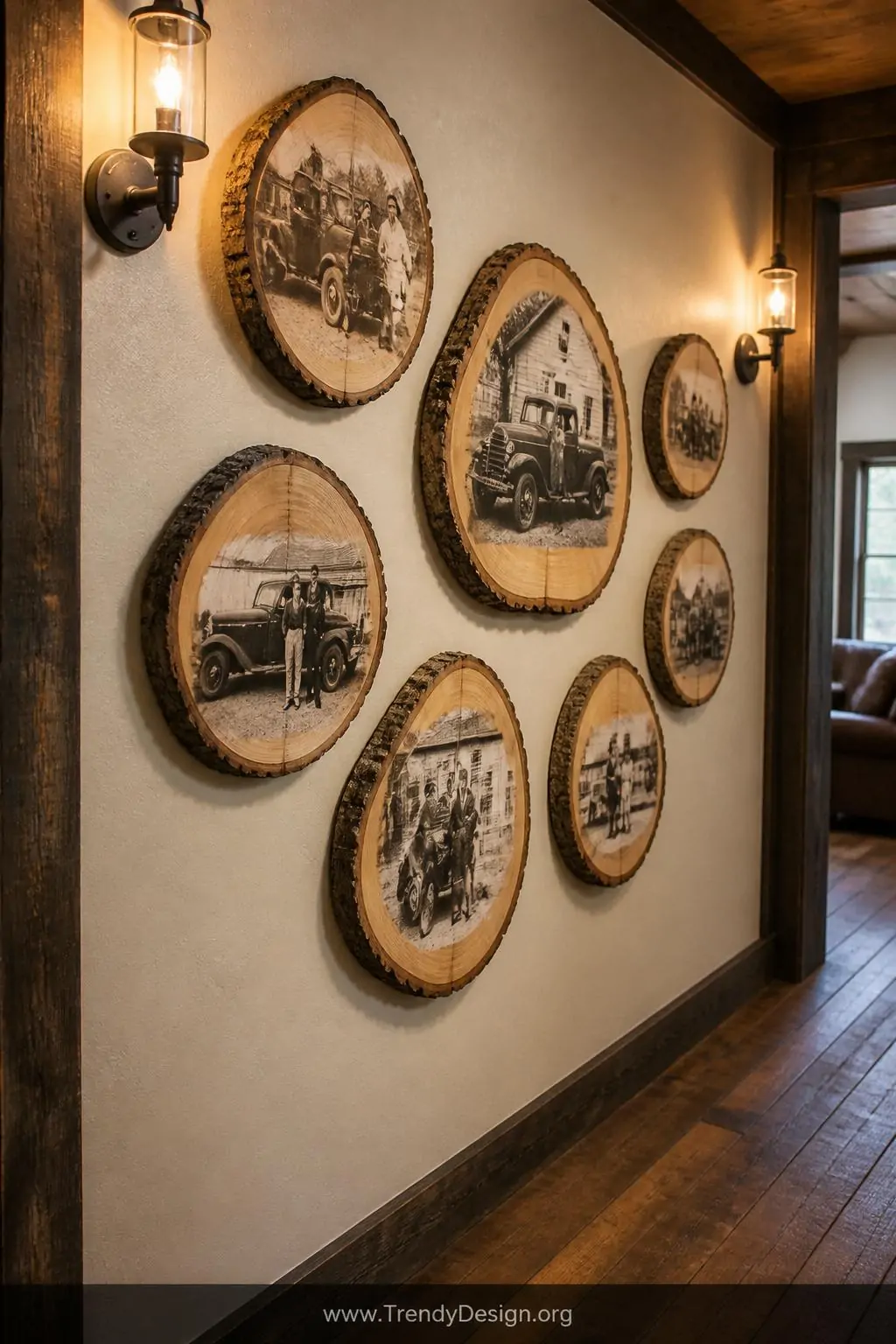 Medium shot of a rustic hallway wall displaying a collection of wood slice photo displays, black and white photographs Mod Po