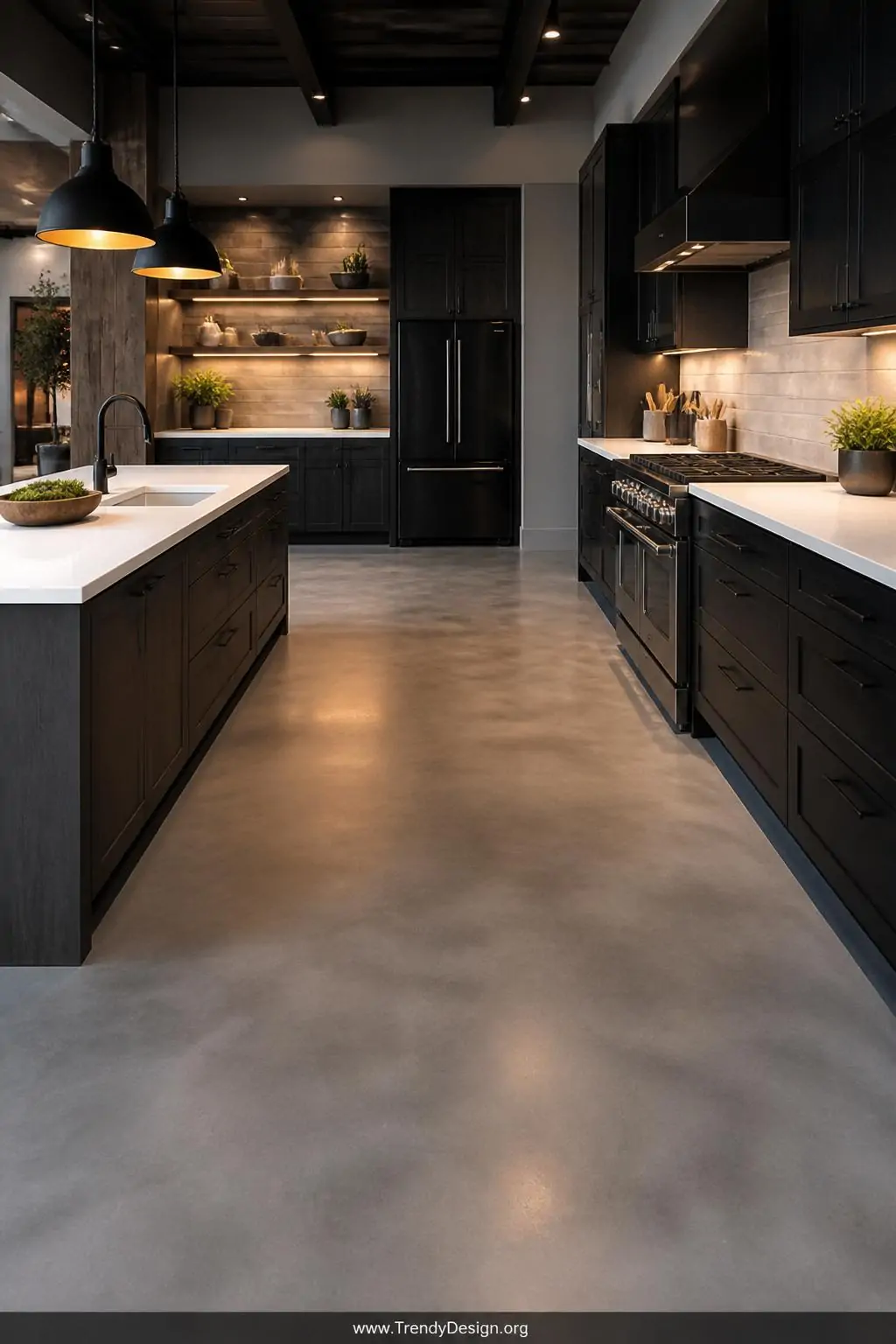 Wide-angle photorealistic shot of a sleek modern kitchen with a seamless charcoal gray microtopping concrete overlay floor, s