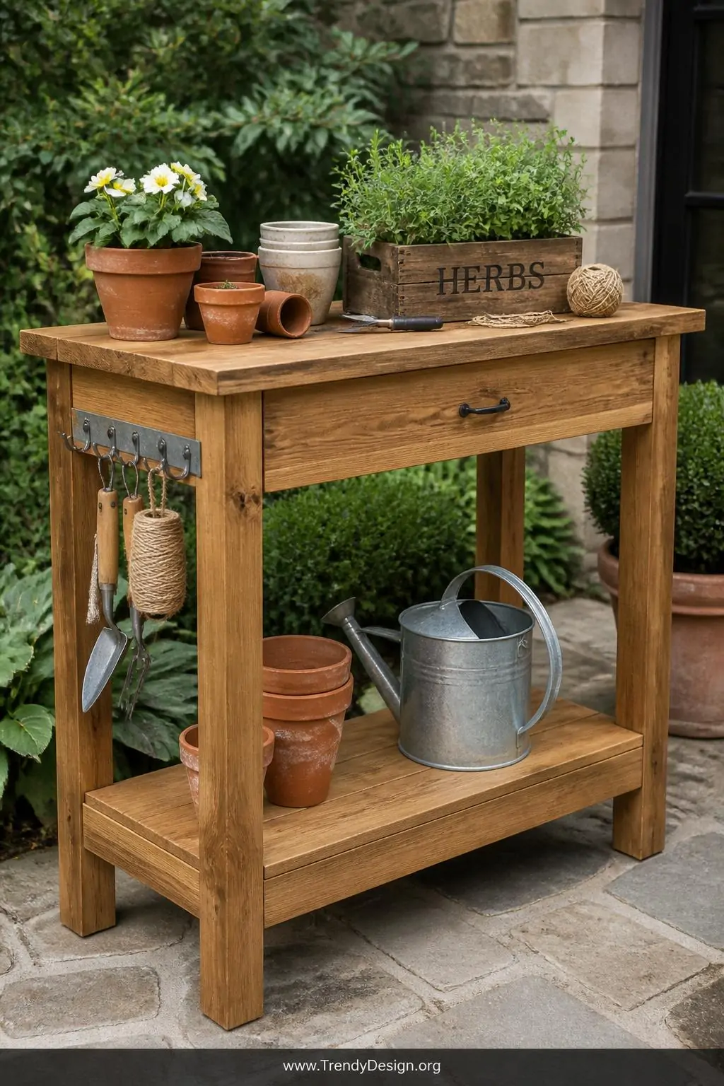 Medium shot of a cedar potting bench positioned on a stone garden patio, warm honey-toned pressure-treated wood showing natur