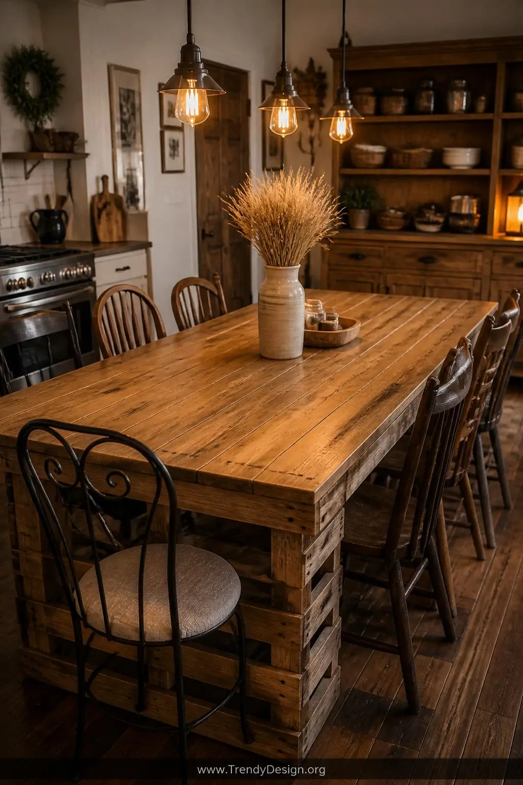 Wide shot of a warm farmhouse-style kitchen dining area showcasing a large pallet dining table constructed from three joined 