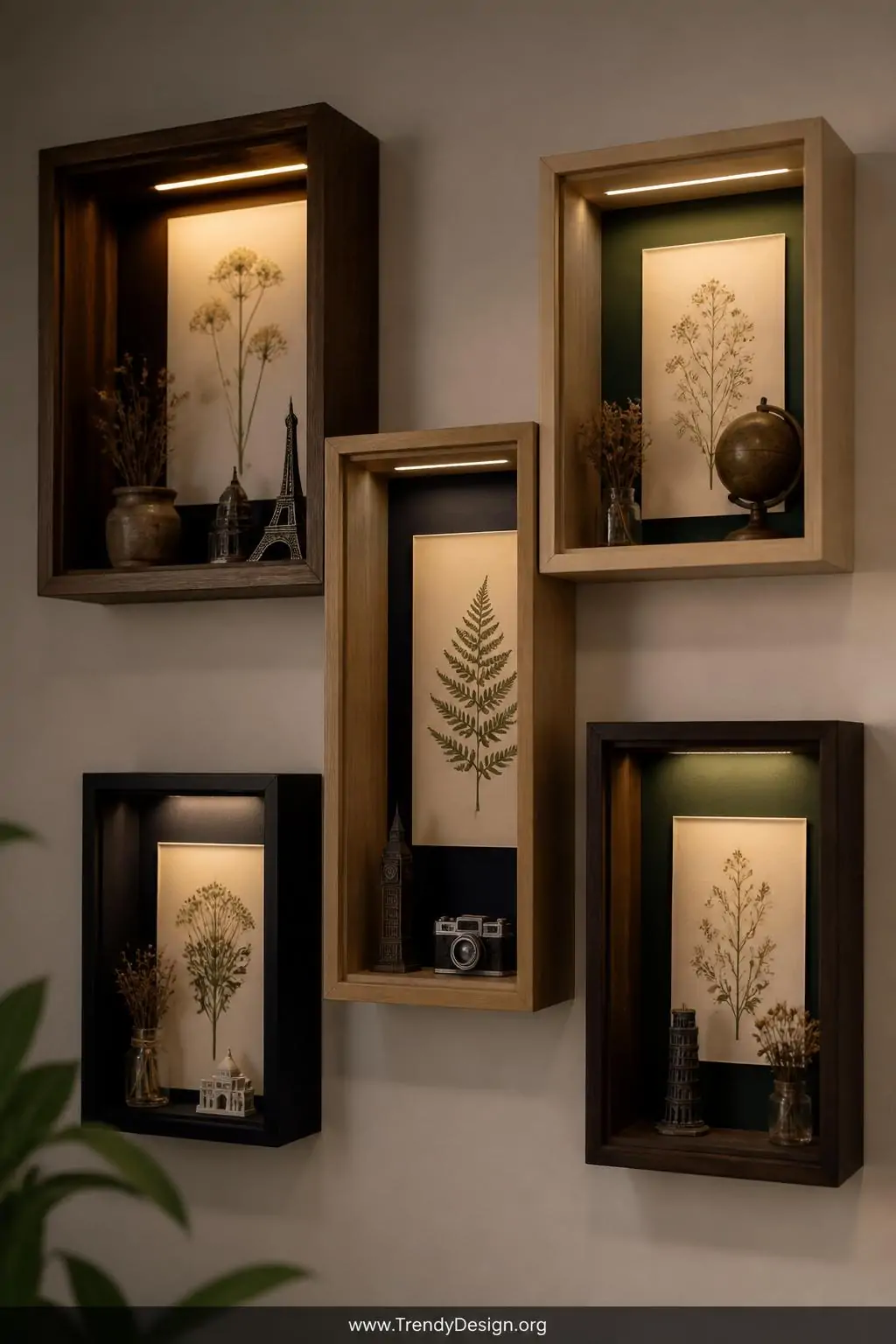 A medium-shot photorealistic interior of a gallery wall arrangement featuring five shadow boxes of varying sizes mounted on a
