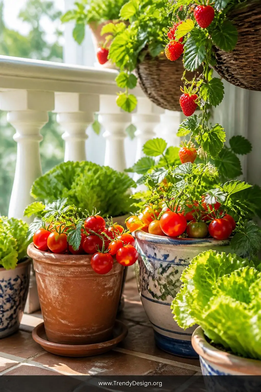 Close-up shot of terracotta and glazed ceramic containers overflowing with ripe red cherry tomatoes on the vine, vibrant gree