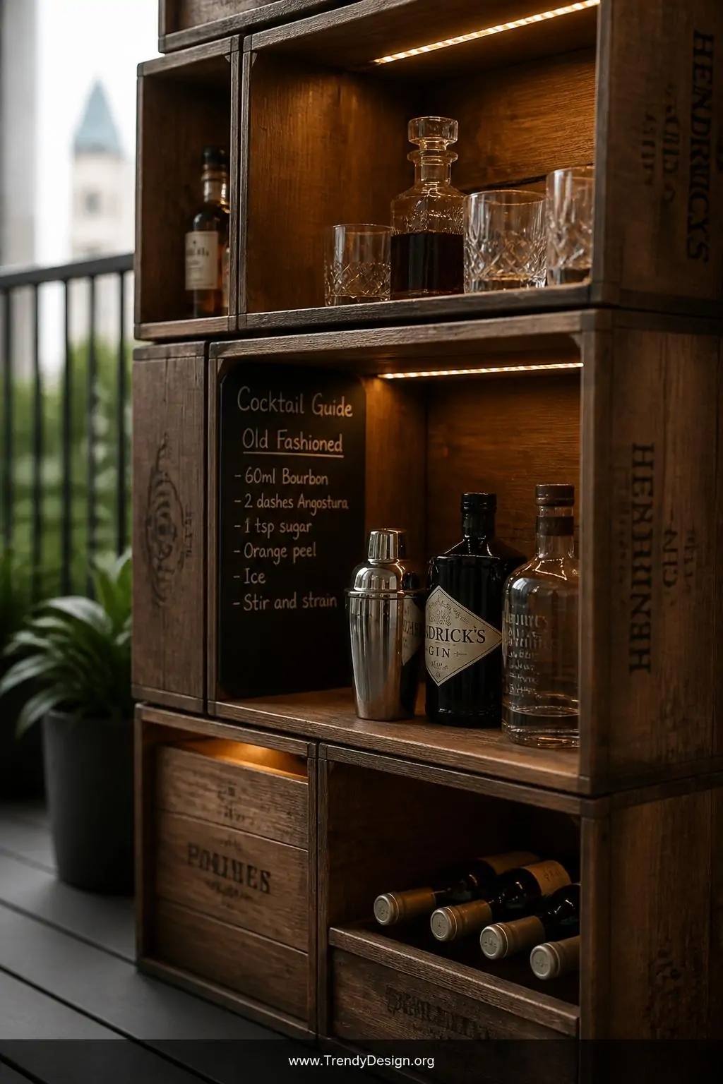 Closeup shot of stacked reclaimed wooden wine crates arranged as a freestanding balcony bar unit, deep walnut stain revealing