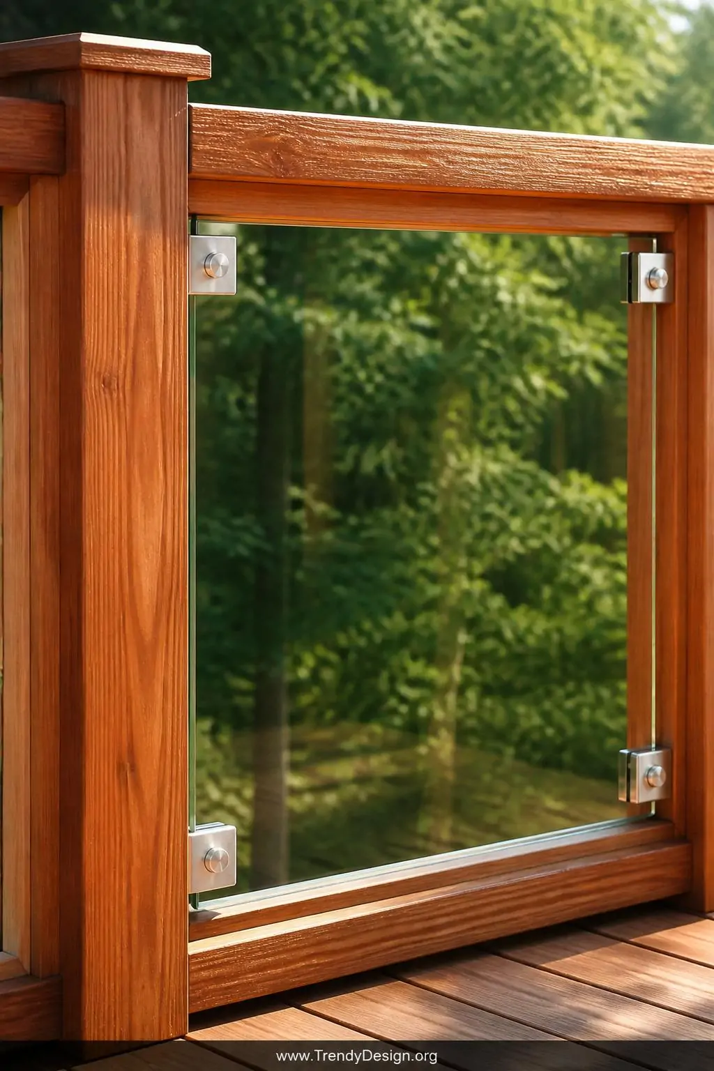 Close-up photorealistic detail shot of a top-rail framed plexiglass deck railing panel system with a rich natural cedar frame