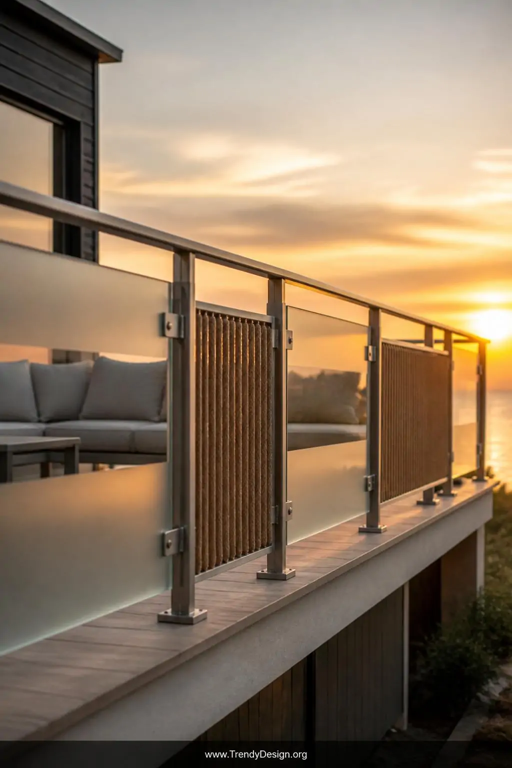 Medium photorealistic shot of a beautifully curated hybrid deck railing alternating between frosted glass panel inserts and w