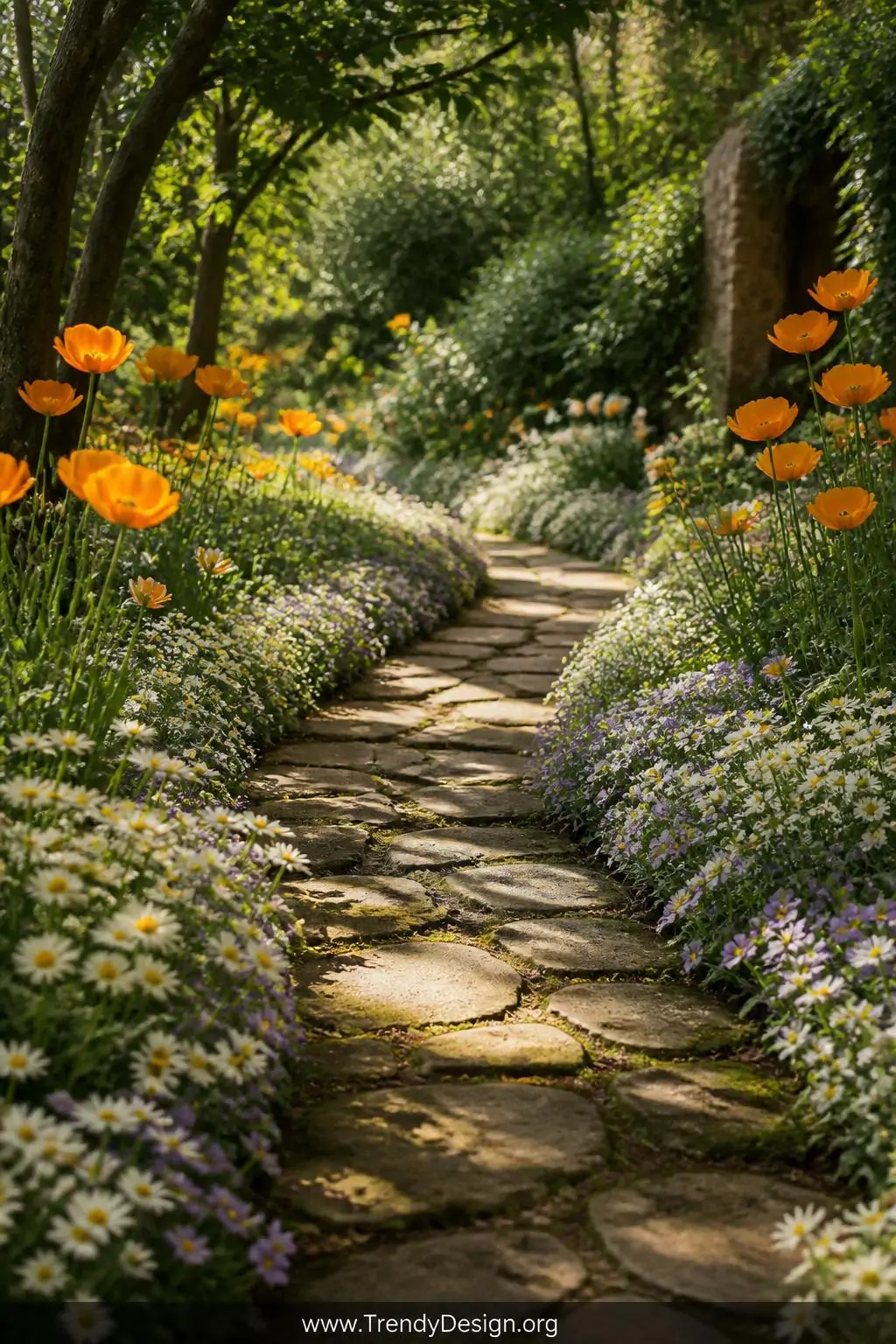 Wide photorealistic shot of a winding stone garden path flanked on both sides by low-growing wildflowers, creamy chamomile an