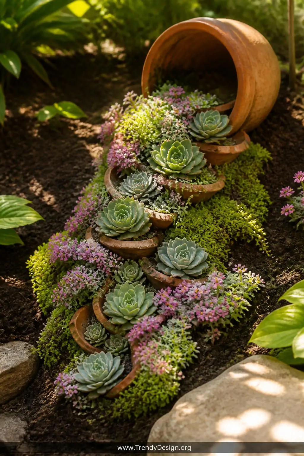 A close-up garden scene shows a terracotta pot lying dramatically on its side in a mossy garden bed, its broken terracotta sh