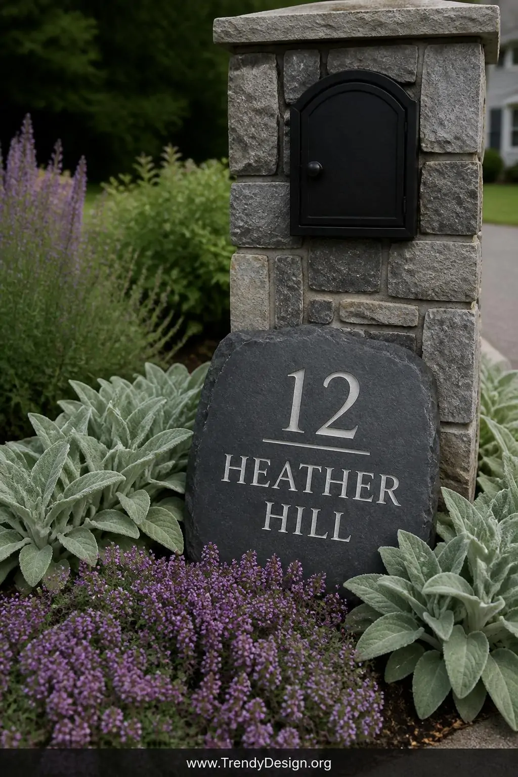 A dark charcoal slate engraved name marker resting at the base of a stone mailbox post surrounded by low-growing silvery lamb