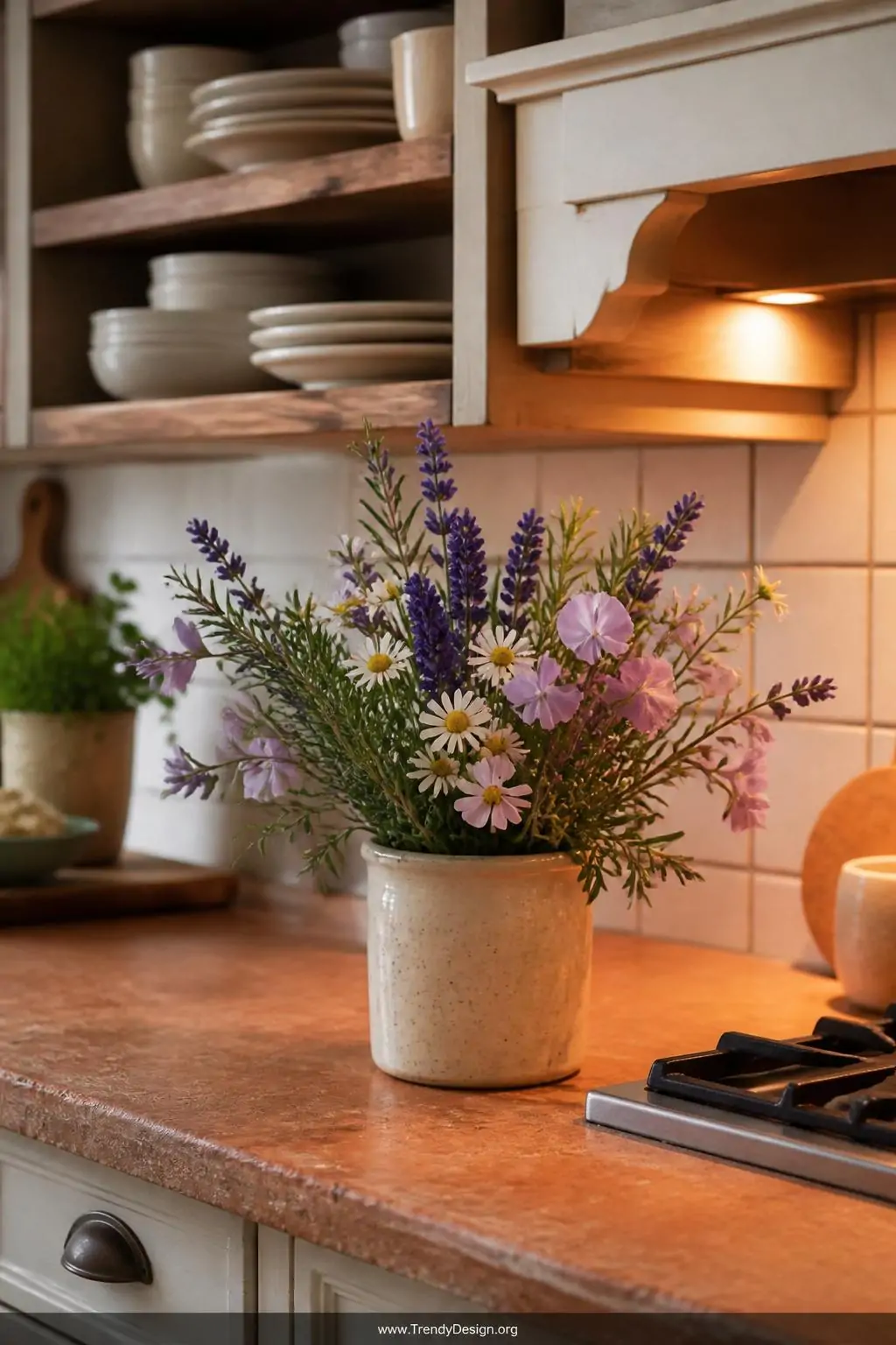 A medium-angle photorealistic interior shot of a cozy cottage kitchen counter displaying a small speckled ceramic crock holdi