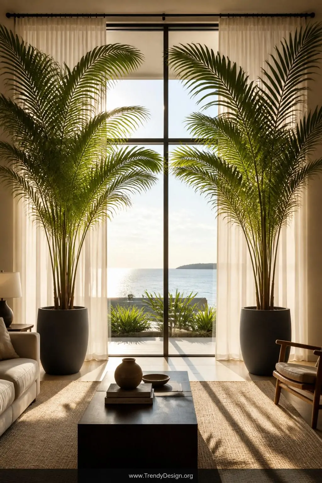 A photorealistic wide interior shot of a bright airy living room where two identical Kentia Palms in tall matte charcoal cera