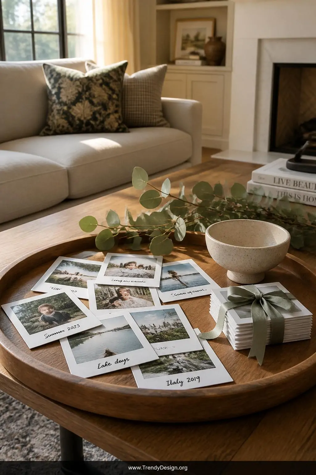 A wide shot of a styled living room coffee table displaying a shallow wooden tray scattered with polaroid-style printed photo