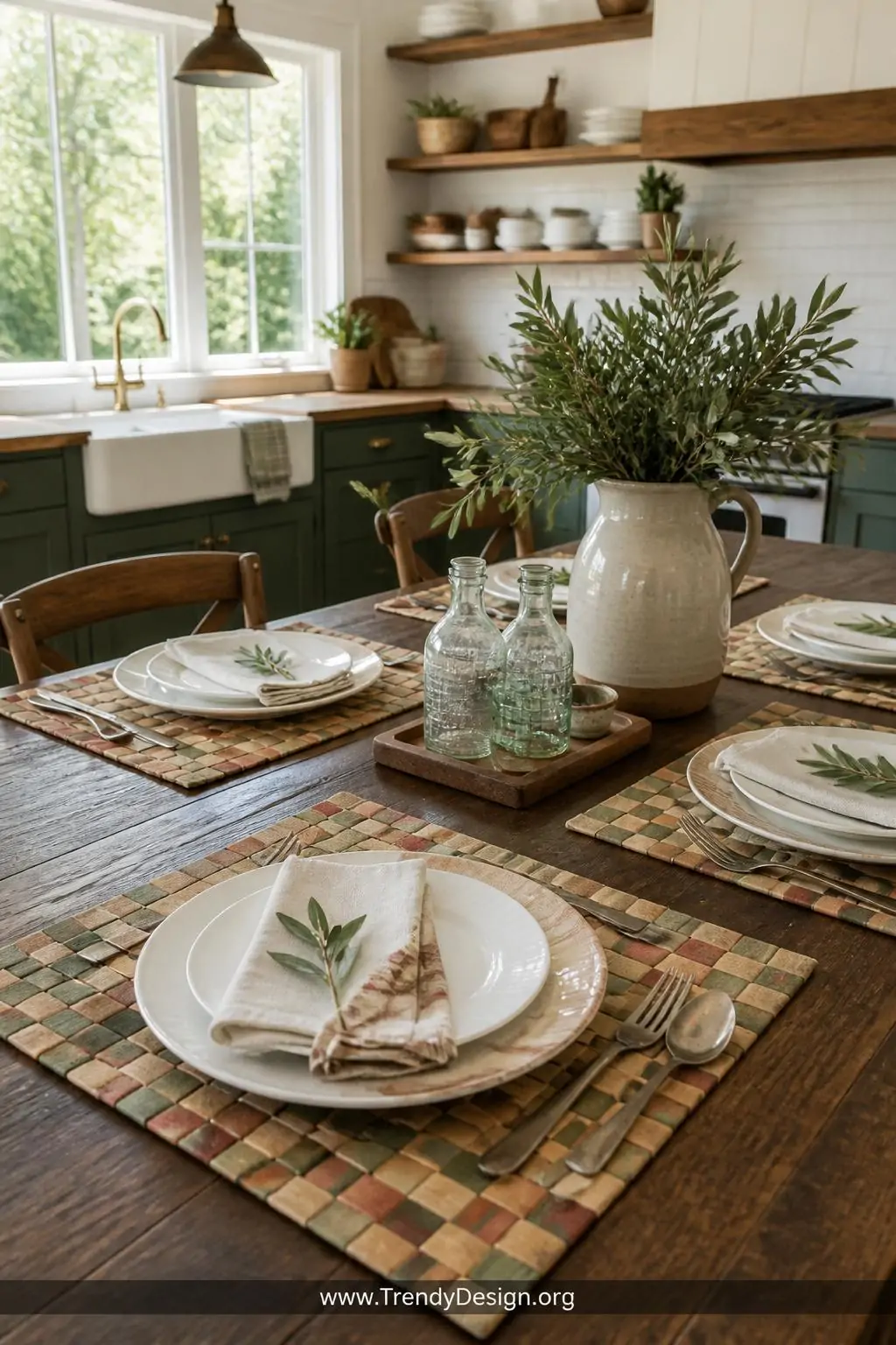 A farmhouse kitchen table is set with handwoven placemats crafted from inch-wide calendar page strips in a classic over-under
