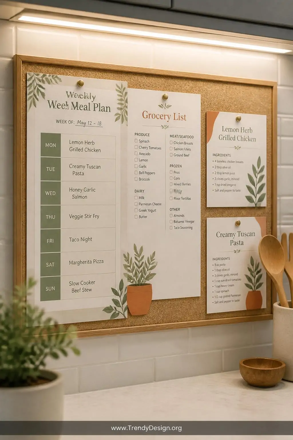 A closeup photorealistic shot of a kitchen bulletin board mounted on a soft white subway tile backsplash, pinned with a beaut