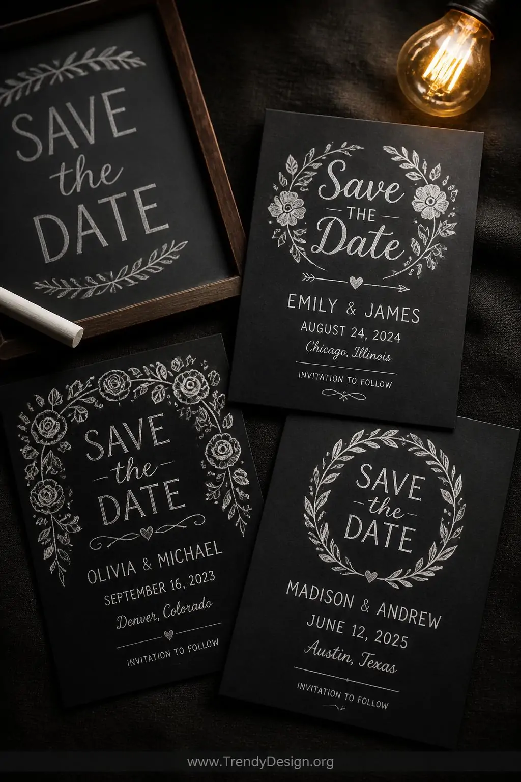 Medium shot of a flat lay of chalkboard-style save the date cards printed on deep matte black cardstock arranged on a dark ch