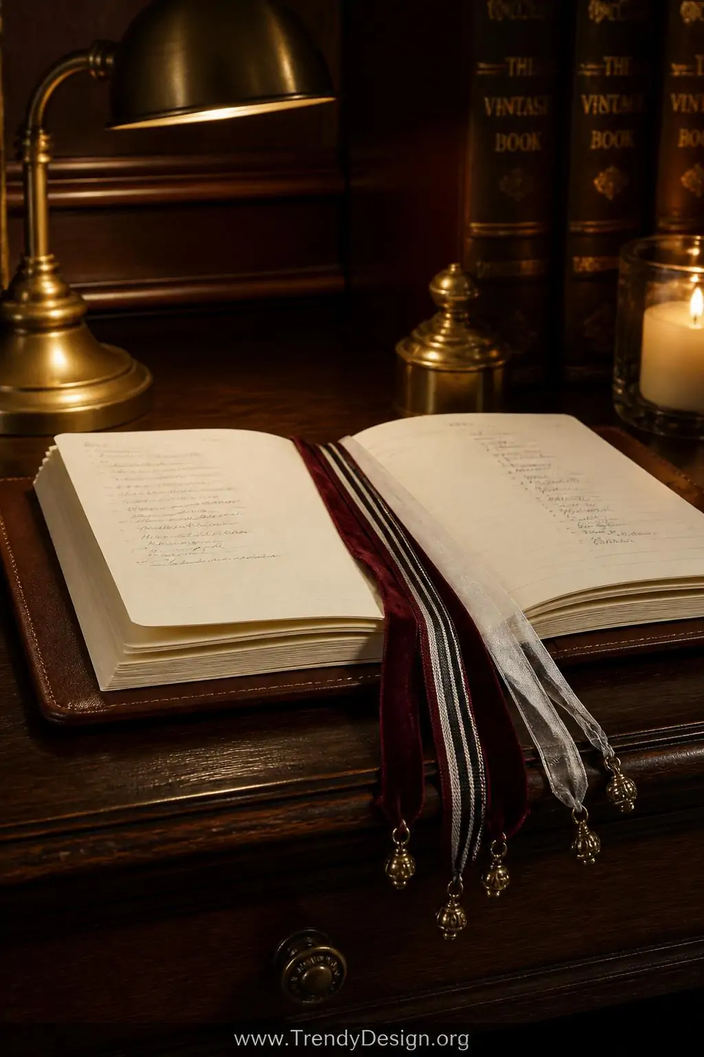 A medium shot of a leather-bound journal lying open on a dark walnut writing desk, with multiple silk ribbons in deep burgund